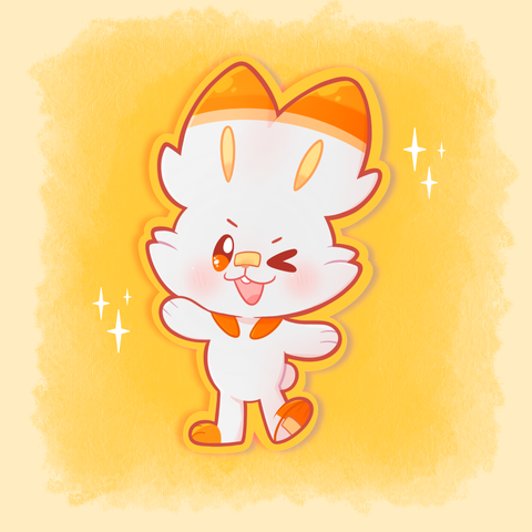 Art of Scorbunny from Pokemon, he has his right leg lifted up and his arms raised, and is winking.