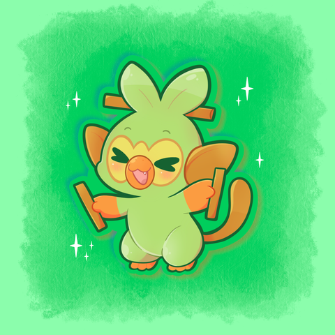 Art of Grookey from Pokemon, he has two sticks in his hands and they're raised up in the air. He has a >w< expression!