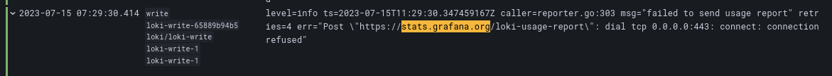 A screenshot of a log line from Grafana Loki, showing attempts to reach stats.grafana.org failing because DNS adblock returned a false address (0.0.0.0)