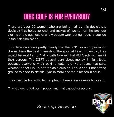 Screenshot of post describing how the Disc Golf Pro Tour is being unfair to trans players, from Throwproud