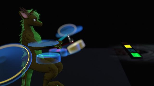 A dragon in VRChat playing the drums