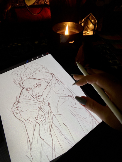 Sketch of girl on iPad, my hand with pencil and candles near