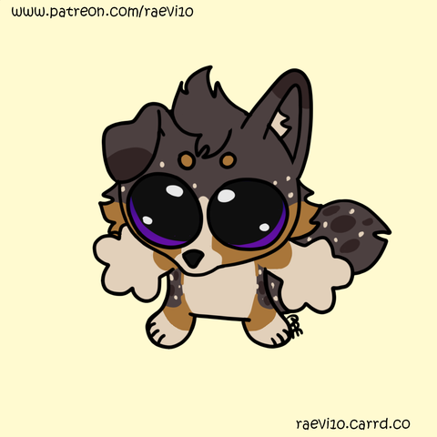 A 'Skrunkle' meme draw over (the small little white creature with huge eyes) of an anthro cream, brown, and dark brown aussie fox hybrid