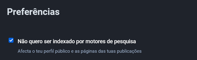 Imagem com a opção no mastodon de não se querer ser indexado por motores de pesquisa