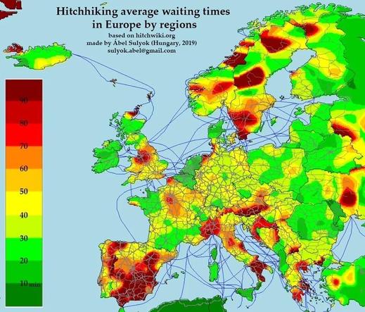At the map you can see the avarage waiting times for hitch-hiker throughout europe , visualized with colors reaching from dark green (10 min)  over yellow (50 min) up to dark red (90 min). MOst of the islands(Irland , most of island. balearic islands, Corse, Sardinia, Sicily )  are green , while attika Island of Greece is red. Most of eastern europe is greenish. Southern part of austria and croacia is red as well as  the souther part of Italy and Spain is reddish except for the tip of southern Calabria and southern Puglia, which seem to behave like island. Portugal slighly better than Spain and there the south better than north. Albania. Montenegro, Netherland and Belgium, baltic countries and Moldavia are completly green, Rumania , Bulgaria , Poland, Turkey(e), Scotland and Finnland  are mostly greenish as well. Northwestern Italy (Piemonte, Lombardia, Liguria) ist mostly reddish as well. Very drastic color changes in Norway and Sweden and Ukraine.