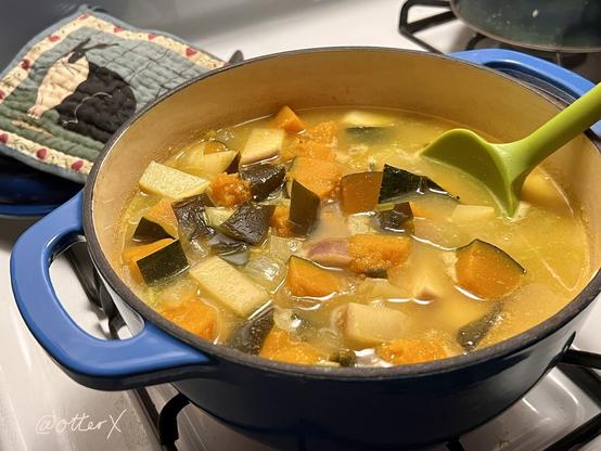 Kabocha stew being made in the blue Dutch oven pot on the stove. There’s a chartreuse silicon spatula in it as I was stirring.

Behind the pot on the left top corner, I put the lid with the potholder I made a long time ago. It features a printed image of a Dutch house rabbit, and it still looks pretty new.