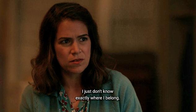 a screengrab from A League of Their Own. Carson and Max talk in the locker room. 
this shot is a medium close-up of Carson. 
the closed caption:
I just don't know exactly where I belong.