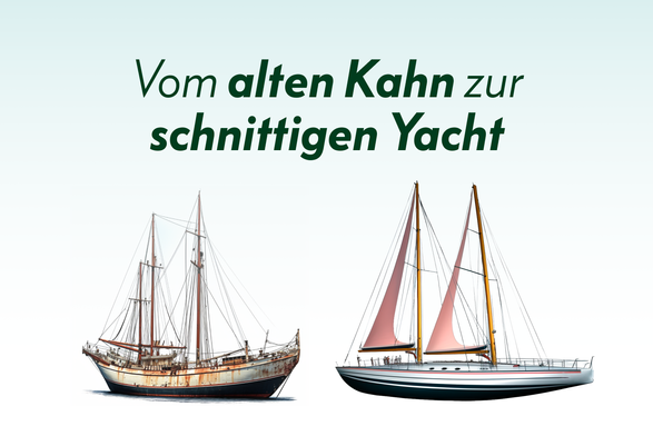 Zwei Schiffe, das linke alt, das rechte neu. Darüber steht der Satz: "Vom alten Kahn zur schnittigen Yacht". Es geht dabei um den Website Relaunch von einer alten Website hin zu einer neuen.