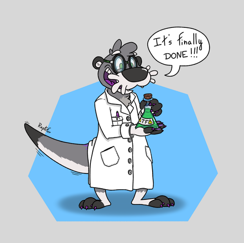A cartoon otter in a lab-coat and safety goggles, looking extremely happy, holding a flask filled with green liquid with a TF warning logo on it. The otter is saying: “It's finally DONE!!!”