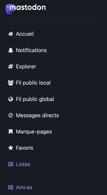 Une capture d’écran de l’interface simplifiée de Mastodon, avec une liste « Ami·es » affichée en bas.