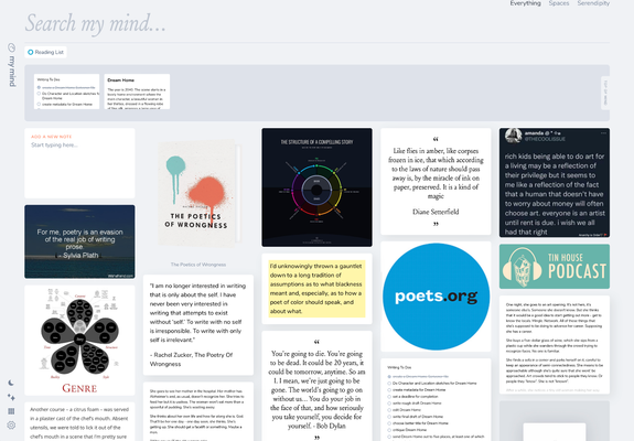 A screenshot of My Mind app. It features a wall of gathered clipped text, images, links, and text notes floating on a white background. A sliver of sidebar on the left contains icons for things like settings. At the top is a huge search field.