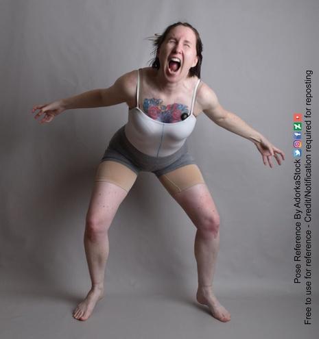 A person having an absolute anger fit, knees bent, arms out and fingers clenched. They're screaming with their eyes closed.