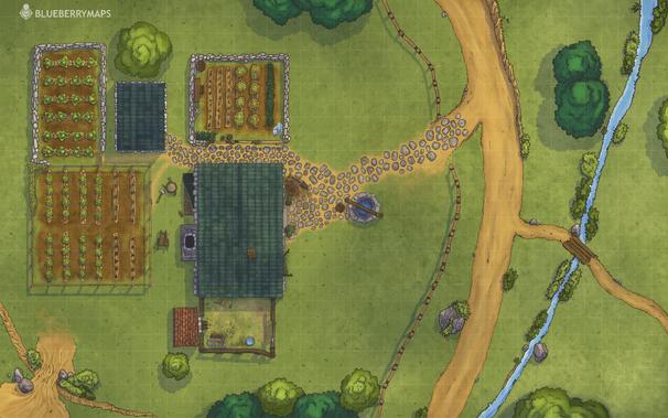 Battlemap made as a digital illlustration. It's a little farm with three plots with vegetables, a coop, a well, a main building that seems to have a chimeney and a smaller building that could be a tool shed. There are some trees around the area, there seems to be a path from the buildings off to the right and joins a main road on the right of the map. This road connects to a smaller path that crosses a stream of fresh water, a few wood panels used as a bridge to cross it. Around the stream there are lots of bushes and some trees. The end of a road can be found on the bottom left corner as well.