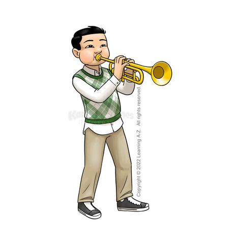 An East Asian boy, aged 10-12, stands playing his trumpet.  His cheeks are puffed out as he blows.  He is wearing a white collared shirt, green and white argyle-patterned sweater vest, khaki slacks, and black sneakers.  

The image includes a watermark for the illustrator and text noting that the image is copyright © 2022 Learning A-Z.