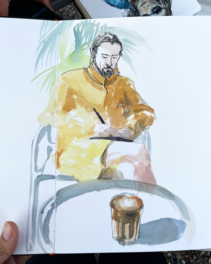 How it started: simple line drawing of the face and free hand watercolour sketch of the figure