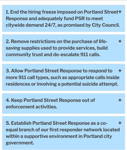 1. End the hiring freeze imposed on Portland Street Response and adequately fund PSR to meet citywide demand 24/7, as promised by City Council.
2. Remove restrictions on the purchase of life-saving supplies used to provide services, build community trust and de-escalate 911 calls.
3. Allow Portland Street Response to respond to more 911 call types, such as appropriate calls inside residences or involving a potential suicide attempt.
4. Keep Portland Street Response out of enforcement activities.
5. Establish Portland Street Response as a co-equal branch of our first responder network located within a supportive environment in Portland city government.