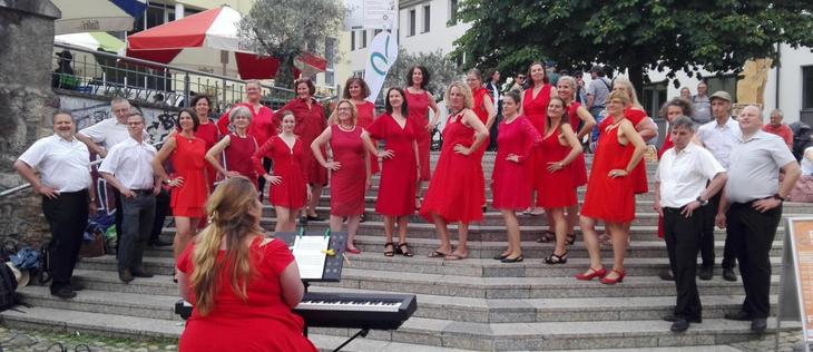 Der Freiburger Bächlechor bei "Freiburg singt 2023" auf der Treppe am Augustinerplatz. In der Mitte in Rot Sopran/Alt. In schwarzer Hose mit weißem Hemd Bass links und Tenor rechts. Im Vordergrund die damalige Chorleiterin #ClaudiaMundi am E-Piano mit Blick zum Chor auf der Treppe.
Foto von Sandra Mi(fb)