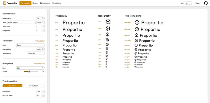 Example of the tool for typography: user can chose base value, a scale factor, some fonts, icons and get a preview of different sizes of the typography system built with the settins