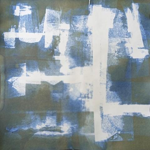 An abstract of what seems white marks on a greenish blue background which differs in shades all over the paper
The white marks look like brush marks. There is a main upright form centreright, with offshoots horizontally both left and right