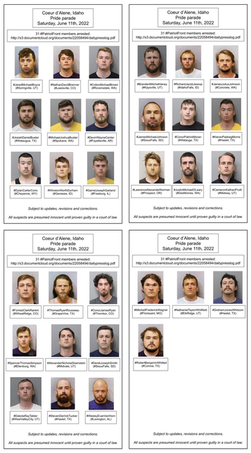 Mugshots of the 31 Patriot Front members arrested at the Coeur d’Alene, Idaho Pride Event in June of 2022.