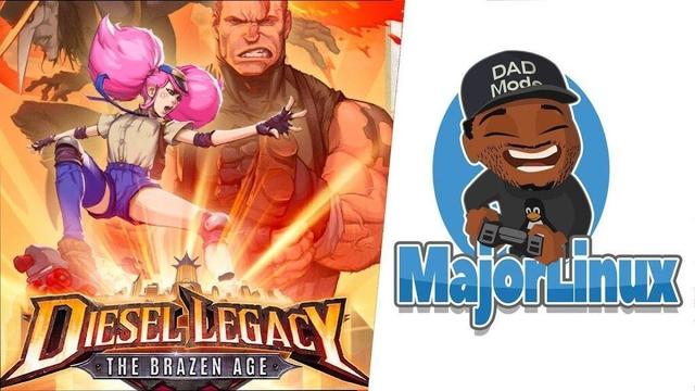 A split thumbnail with the promotional art for Diesel Legacy: The Brazen Age featuring three of the characters on the left and the MajorLinux logo on the right.