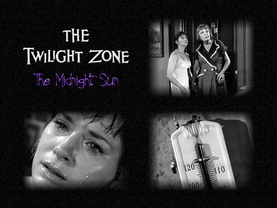 Four panels with a black background.
First panel: The Twilight Zone, The Midnight Sun
Second panel: Two women in an apartment hallway, looking up at the ceiling, after hearing someone on the roof of the building.
Third panel: The younger of the two women, in obvious distress, sweat pouring down her face.
Fourth panel: Old-fashioned mercury thermometer, with red liquid, exploding at the top as the temperature goes over 120°F.