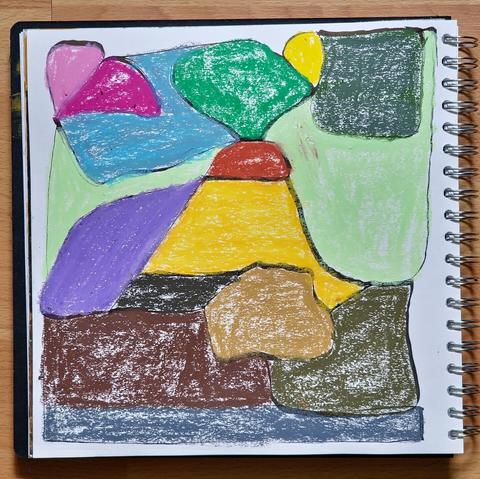 Picture of a square page of a wire bound sketchbook. An abstract collection of colours, in various shapes, each bordered by black ink lines. Brighter colours - yellow, pink, fuschia, blue, purple and gold with various greens - in the top two thirds, with darker colours below - olive brown, yellow ochre, brown, olive green - and a dark grey band at the bottom.