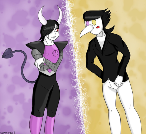 Ark and Chardo staring each other down. Ark is dressed as Mettaton from Undertale, whereas Chardo is dressed as Spamton from Deltarune.