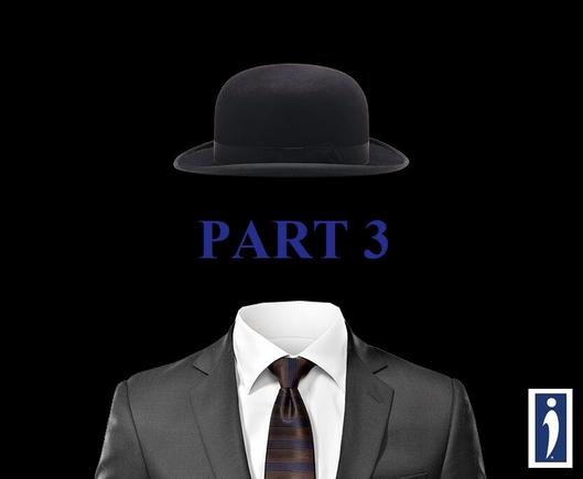 Image is a work of art by Nangreenly on an all black background.  A man dressed in a black suit, white shirt and brown tie with blue stripes is the focus of the image.  A derby style hat is also part of the outfit.  White and gray highlights appear on the edges of the hat and suit, as if a faint light is shining from the back-left side of the man.  Between the shirt collar and hat is an empty void where this invisible man's face should be.  In the "void", I've superimposed the words "part 3" in blue text. 

 Nangreenly's "Invisible Man" is an image that to me, illustrates the experience of many living with invisible disabilities.  Too often, they are made to feel as if they are invisible by authorities, legislators and even some fellow citizens..  In the bottom right corner, I added the Invisible Disabilities Association's "i" symbol that appears on their NDID and some state issued IDs.

Link to "Invisible Man" image by: Nangreenly https://pixabay.com/users/nangreenly-10829698/?utm_source=link-attribution&utm_medium=referral&utm_campaign=image&utm_content=3843385