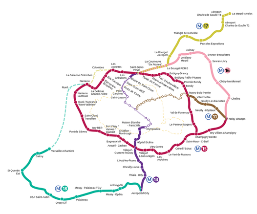 Lo schematico delle linee in costruzione per il progetto Grand Paris Express. La linea tratteggiata gialla rappresenta i confini della città, evidenziando quanto questi percorsi siano esterni e servano la zona suburbana
