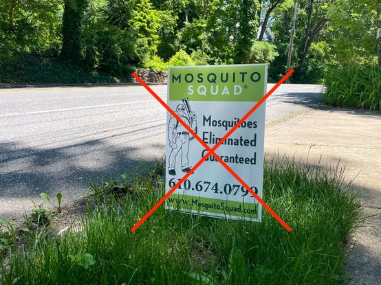 Sign in lawn advertising for Mosquito Squad. "Mosquitoes eliminated guaranteed" appears along with phone number and website. A red "X" has been added over the sign.