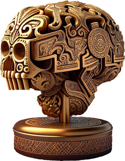 A metal human skull with complex carvings.