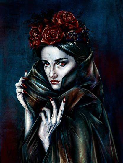 Art drawn in procreate. A pale vampire girl with red eyes is depicted. She is in a black tulle cape, her hair is pulled up in a high hairstyle and decorated with red roses and dark blue flowers. There was an attempt to make a drawing with imitation of oil paints and craquelure. Dark background in dark blue, red and black colors.