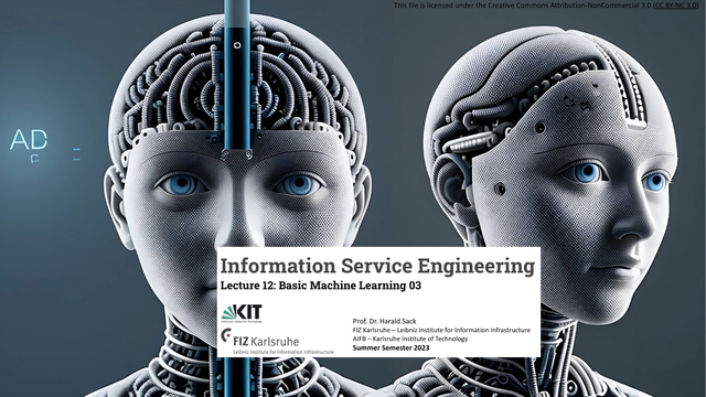 Title page of Information Service Engineering Lecture 12, Basic Machine Learning 03 on neureal networks and deep learning. Prompt: “The seeds of modern Artificial Intelligence were planted by philosophers who attempted to describe the process of human thinking as the mechanical manipulation of symbols.”, via ArtBot  https://tinybots.net/artbot