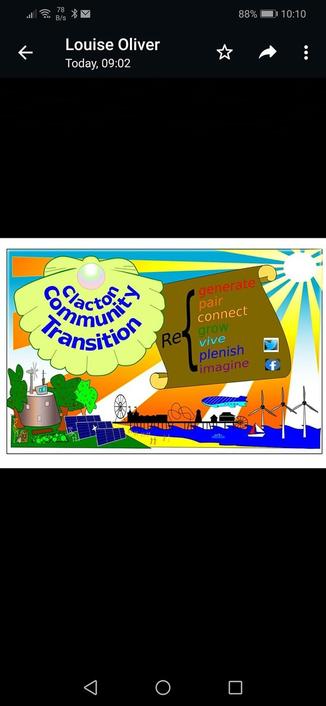 A colourful banner designed for Clacton Community Transition shows a large oyster shell with a pearl, the suns rays shining down, renewable energy powering the pier and shoreline of Clacton on Sea. A scroll shows the group's motto "Regenerate, repair, reconnect, regrow, revive, replenish, reimagine"