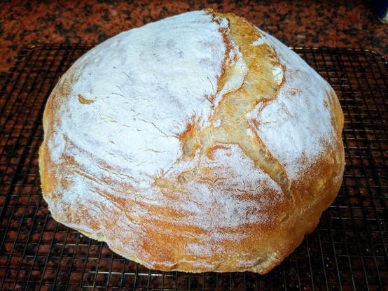 The fully baked latest batch of my Rustic French homemade "artisan" bread in a boule, golden brown and perfectly split and heavily filtered to be presented "Instagram-style."