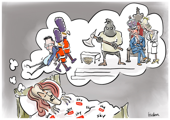 The Sky News announcer is asleep and dreaming in colour:
A blue Dan Andrews is dragged by two red uniform black bearskin helmeted British army officers to an executor with his axe wearing his black hood, while the king sits on his red throne dressed in his blue suit and his white queen both ready to watch him lose his head.