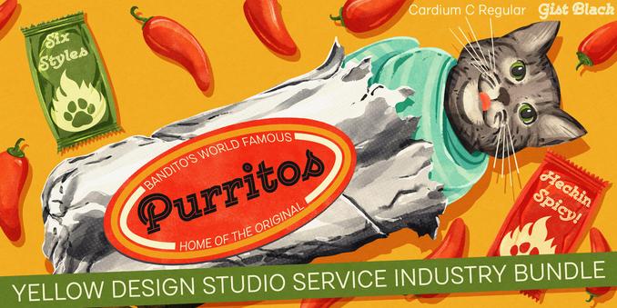 Illustration of a kitten wrapped up like a burrito with peppers and hot sauce packets scattered around it