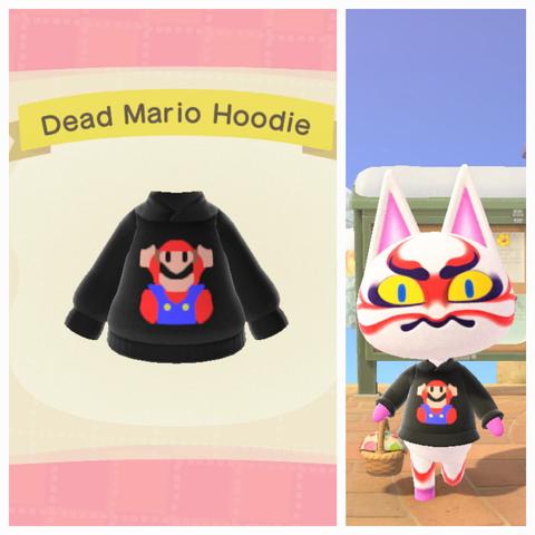 Collage of two Animal Crossing: New Horizons screenshots. On the left is a custom designed black hoodie with Mario in the center from Super Mario Brothers dying entitled, "Dead Mario Hoodie." On the right is a white cat with kabuki mask markings on his face (Kabuki) wearing said hoodie.