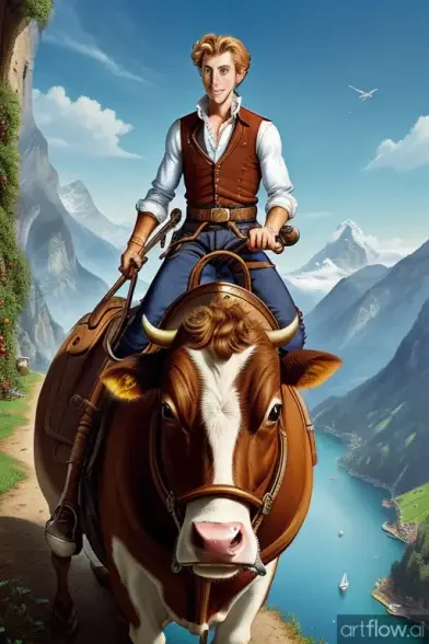 Comic. Guybrush Threepwood, ein mächtiger Pirat, auf einer Kuh reitend. Im Hintergrund die Schweizer Alpen.