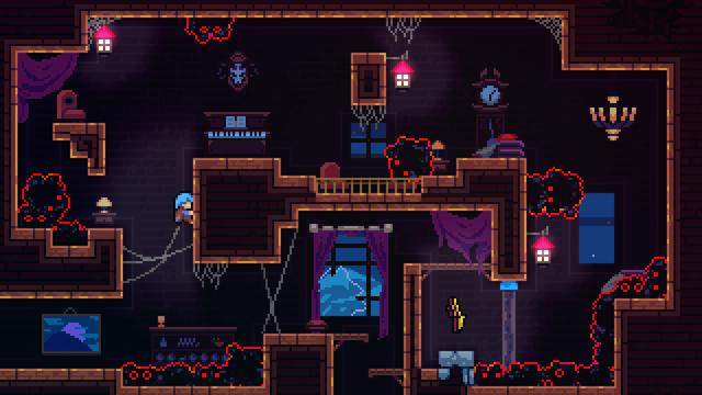 A screenshot from the game Celeste, showing a level that (presumably) uses tilesets that follow the template shown in the previous picture.