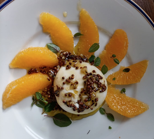 in der Mitte des Tellers eine Burrata, darum verteilt Filets von Orangen.
Darauf ein Dressing, in dem Korianderkörner und Lavendelblüten zu sehen sind. Alles bestreut mit kleinen Basilikumblättern.