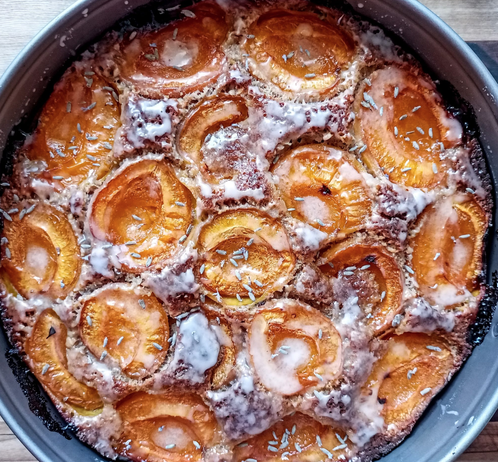 Ein mit Aprikosen belegter Kuchen.