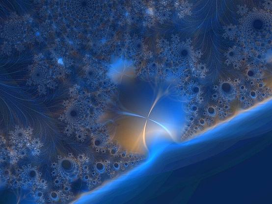 A fractal, mostly in shades of blue, with a few areas of tentative golden light.  A wave-like band stretches diagonally across the bottom right. Centred above it is a circular space bisected by two x-like rays. The rest of the image is spangled with spirals and vortices that repeat ad infinitum.