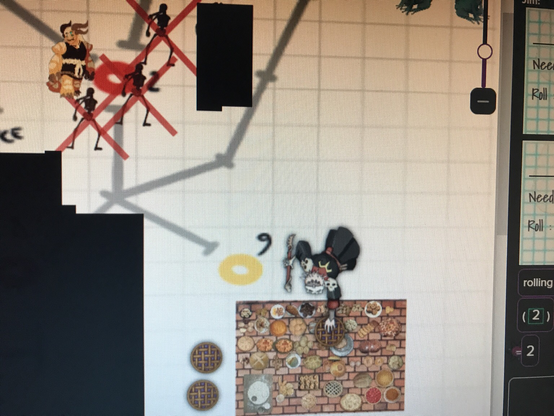 a skeleton king presides over a table of cursed pastries while a yellow bisonoid creature stands amid the ruins of former cinnamon skeletons
