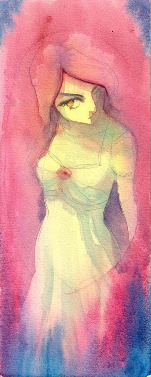 A long vertical watercolour of a woman in a light dress. Blues, pinks, oranges, yellows and a bit of purple has been used and the painting has a loose atmosphere to it