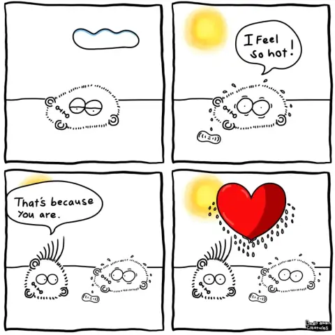 Comic 
Panel 1
Content Creature and a cloud. 
Panel 2 
Schorching sun and distressed sweating creature that says "I feel so hot" 
Panel 3
Second creature appears and says 
"that's because you are" 
Panel 4
Creatures stare the reader. Big sweating heart above them.