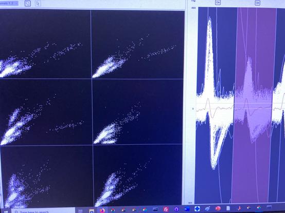 Screenshot of cluster space of hippocampal spikes, there are many clusters of spikes indicating that the tetrodes are very close to many cells :) on the right are shown the corresponding action potentials with some very tall ones.