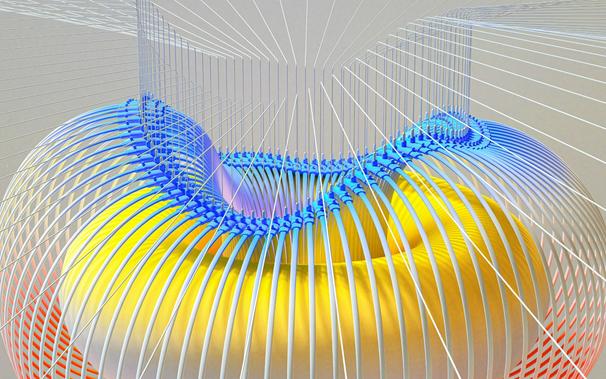 The digital image shows a yellow and white circle, with a hole in the middle. Around the circle is a larger circle made of white and blue strings, which flow into the middle of the smaller circle. Above the whole are white strings floating in a grey, beige space.