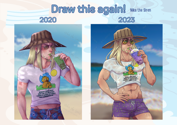Draw this again! Nika the Siren. Comparison between an illustration from 2020, and another illustration from 2023. Both illustrations show Gyro Zeppeli from Jojo's Bizarre Adventures: Steel Ball Run at the beach, drinking a boba tea, wearing his typical hat, a pair of polarized pilot sunglasses, and swimwear. He's also wearing a white t-shirt showing Garfield with a cowboy hat, and the text "When I die I may not go to heaven, I don't know if they let cowboys in".